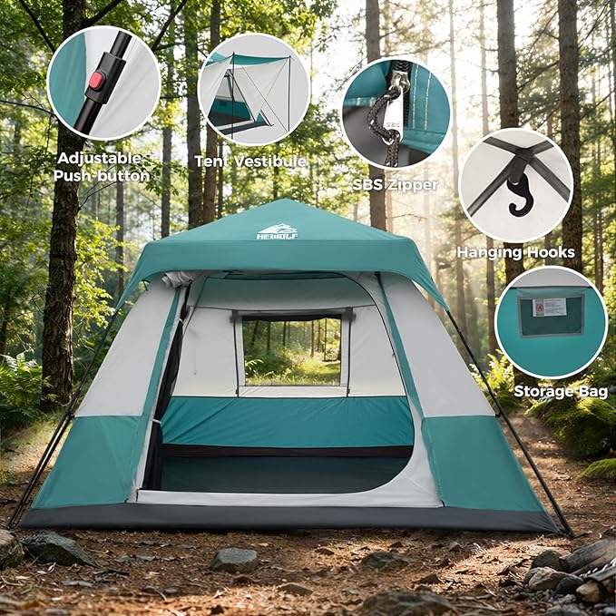 Hewolf Instant Tent for 4-6 Person Camping, Waterproof Easy Pop Up Tent Sets Up in 60 Seconds for Family Outdoor Hiking & Backpacking with Carry Bag