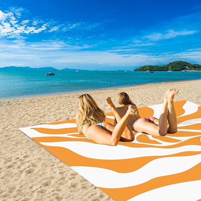 Beach Blanket, 78''×86'' Waterproof Sandproof Beach Mat with 4 Stakes & 4 Pockets, Lightweight Outdoor Picnic Blanket for Travel, Camping, Hiking