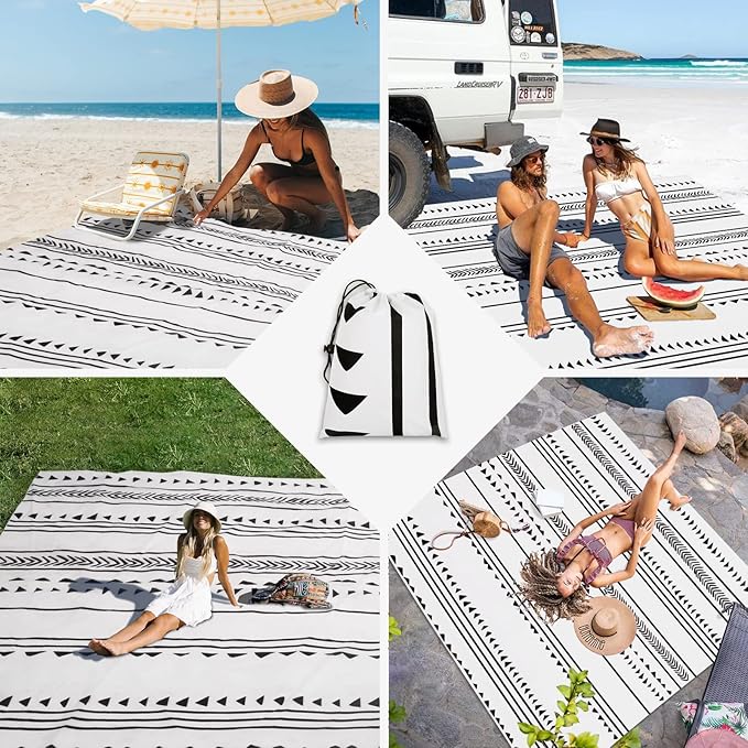 110''×118'' Extra Large Waterproof Sandproof Beach Blanket for 8 Adults, Outdoor Beach Mat with 4 Stakes & 4 Corner Pockets, Polyester Lightweight Foldable Picnic Mat for Travel, Camping, Hiking