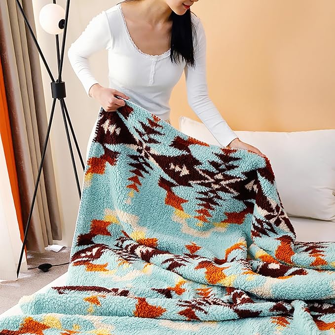 UKELER Bohemian Sherpa Throw Blanket 60'' × 80'', Sherpa Fleece Blanket for All Season, Southwestern Aztec Throw Blanket, Native American Blanket for Bed/Couch/Sofa/Office/Camping