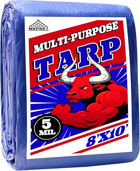 Tarp 8x10 ft 100% Waterproof Uv Resistant High Durability Multipurpose 5mil Blue Tarp for Covering Courtyards, Cars, Camping, Gardens, Pet Nests -by MVPNET