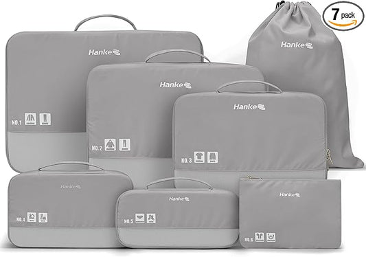 Hanke 7 Piece Expandable Compression Packing Cubes, Premium Travel Packing Organizers for Suitcases/Carry On, Luggage Organizer Bags with Breathable Mesh & Label,Light Grey