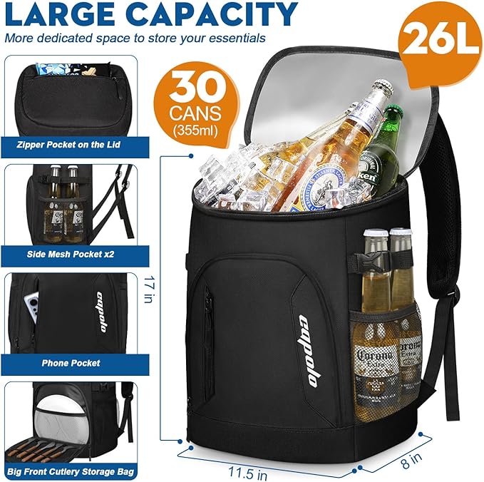 Capolo Cooler Backpack for Men Women Insulated Backpack Cooler Leak Proof Thermal Bag Beverage Soft Cooler Bag Lunch Backpack for Camping 30/45 Cans