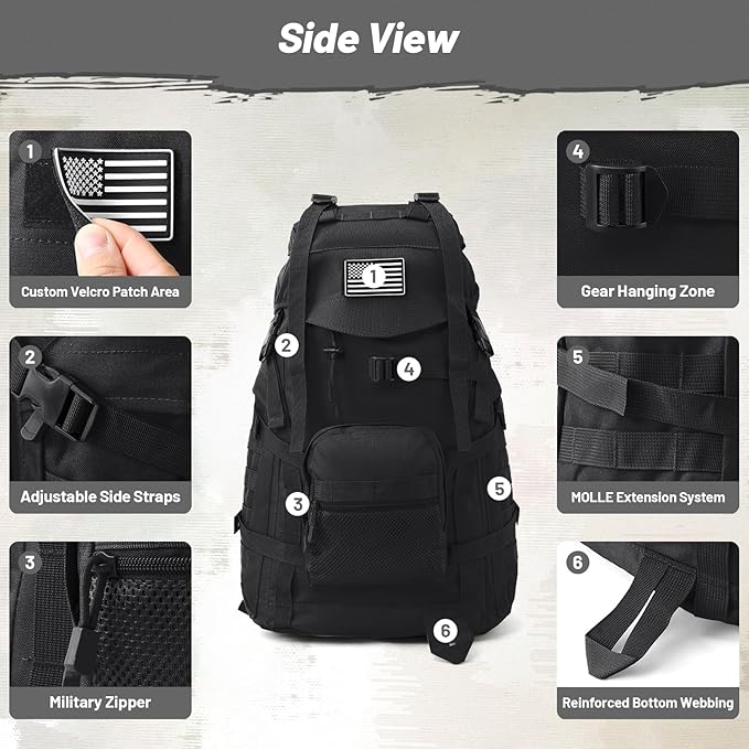 50L Tactical Backpack for Men and Women, Water-Resistant Molle Rucksack, Large Military Assault Pack for Hiking, Hunting, Camping, Gym & Outdoor Survival Black
