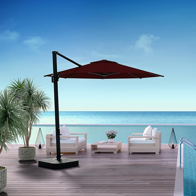 Midtown Umbrellas 10 Ft Outdoor Cantilever Patio Umbrella w/Sunbrella Burgundy Fabric - Tilt 360° Rotate Offset Patio Umbrella, Deck Patio Umbrella, Backyard Umbrella & Garden Umbrella - Black Frame