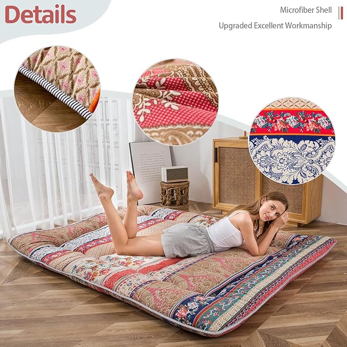 MAXYOYO Bohemian Retro Floor Mattress Vintage Floral Japanese Futon Mattress Roll Up Thicken Sleeping Bed Portable Camping Mattress Floor Lounger Couch Bed Mattress Pad Queen