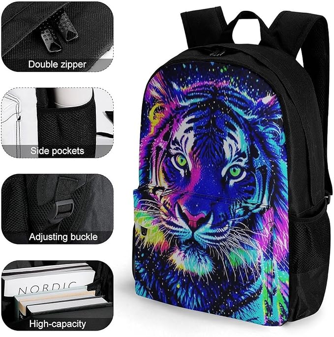 Supdreamc Lightweight Daypack Bookbag for Trekking Business Walking Cycling, Big Capacity Anti-Theft Multipurpose Carry On Bag, Abstract Colorful Tiger Art Business Computer Bag