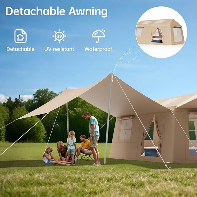 Inflatable Camping Tent with Pump & 1/2 Awnings, 8-14 Person Air Tents for Camping Adult, Large Waterproof Oxford Family Glamping Tent, Quick Setup Big Tent for Outdoor Camping