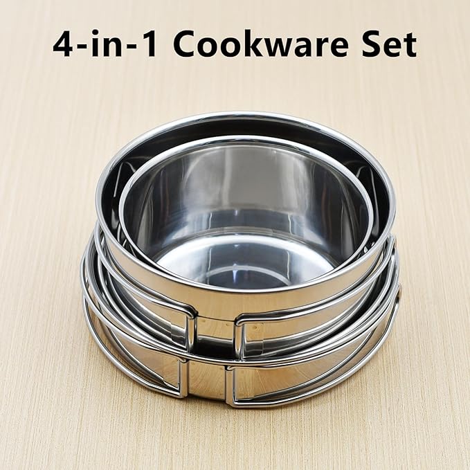 18/8 Stainless Steel Camping Cook Pot Set of 4 pcs, Camping Messware Kit, Camping Cooking Set, Backpacking Camping Cookware, Picnic Camping Cooking Mess Kit