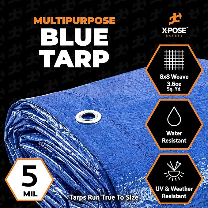 Better Blue Poly Tarp 18' x 24' - Multipurpose Protective Cover - Lightweight, Durable, Waterproof, Weather Proof - 5 Mil Thick Polyethylene - by Xpose Safety