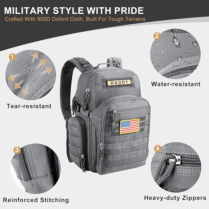 MIRACOL Dad Diaper Bag Military - Tactical Baby Backpack with Changing Pad for Outdoor Baby Care - Water-Resistant Fabric & MOLLE System Ideal for Travel Hiking Parks Grey