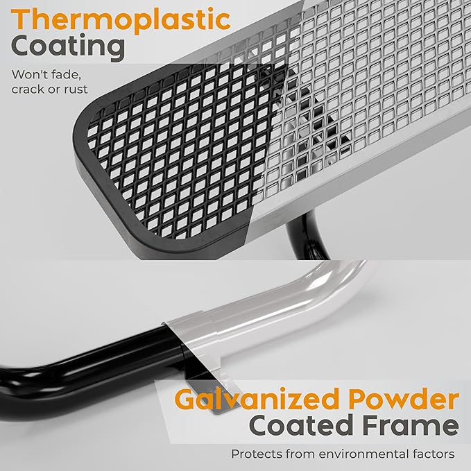 Metal Picnic Furniture for Outdoors with Umbrella Hole - Coated Steel Heavy Duty Commercial Grade Table with Adjustable Seats, Patio Set for a Lifetime (Black, 8' Rectangular)