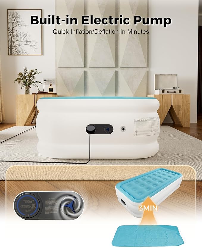 Twin Air Mattress with Built in Pump, Single Blow up Air Bed with Portable Storage Bag, Suitable for Home and Guests, Top Flocking, 18" Twin Sky Blue
