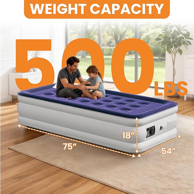 Twin Air Mattress with Built-in Pump, 18 Raised Inflatable Air Mattress, 500 lbs Max Honeycomb Comfortable Air Bed with Storage Bag, for Camping, Home and Guest Use
