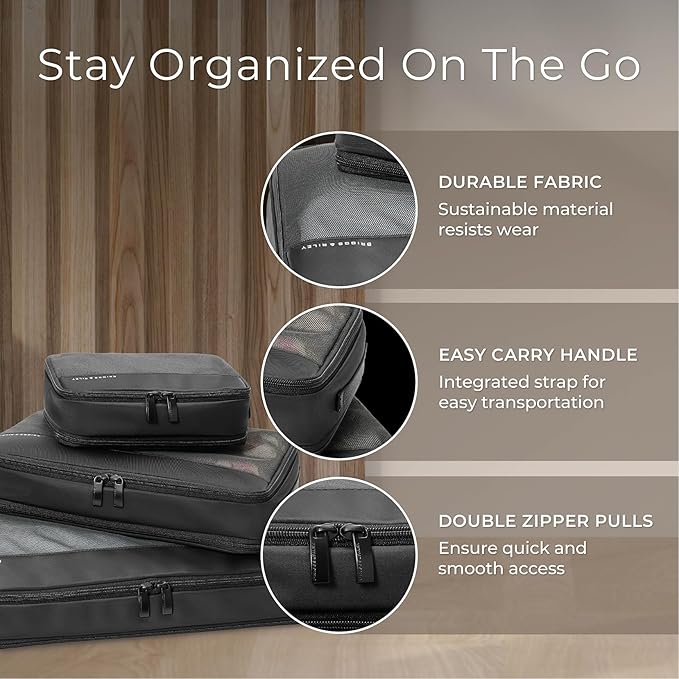 Briggs & Riley Compression Packing Cube Set for Women & Men - Bag Organizer for Checked Suitcase & Luggage, Pack Accessories for Vacation - 3-Piece, Black