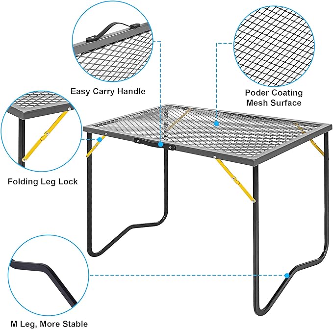 Portable Folding Grill Table, Outdoor Camping Table with Mesh Tabletop, Metal Grid Table for Patio, Picnic, Garden,BBQ and Beach, 35.5" L x 19.7" W
