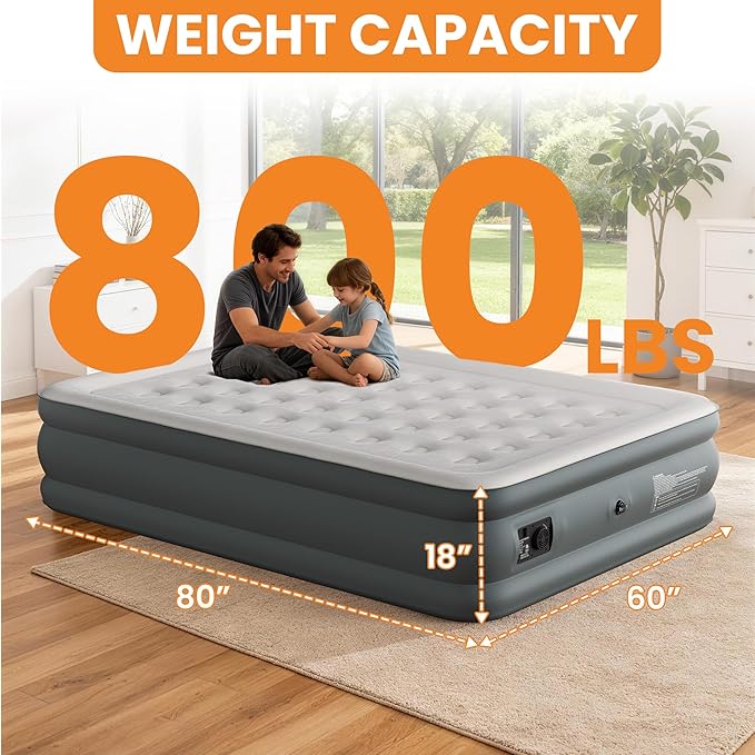 Queen Air Mattress with Built-in Pump, 18 Raised Inflatable Air Mattress, 800 lbs Max Honeycomb Comfortable Air Bed with Storage Bag, for Camping, Home and Guest Use