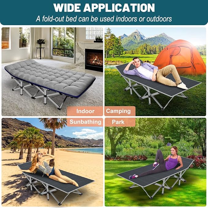 NAIZEA Folding Camping Cots for Adults, Portable Cot with Mattress Heavy Duty Outdoor Bed with Carry Bag 1200d Oxford Cloth Sleeping Cots for Camping Office Nap Home Guest Beach Travel