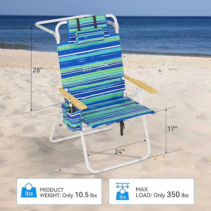 Tall Beach Chairs for Adults, 17" High Backpack Beach Chair with Wooden Armrests, 5 Positions Reclining Heavy Duty Chair with Large Cooler Pouch, Support to 350LBS Striped Blue&Green,2pack