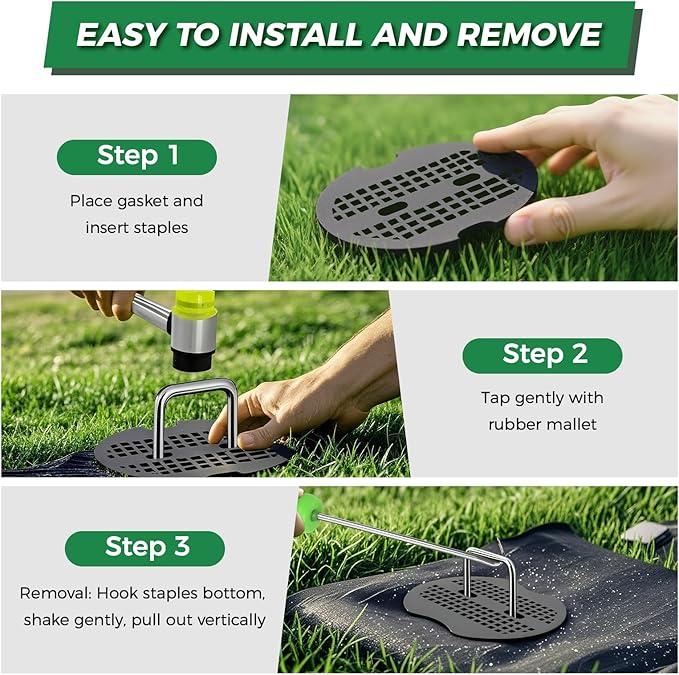 200Pcs Landscape Staples 6 Inch+200Pcs Gasket+Pick Hook+Rubber Mallet, Garden Stakes Staples 11 Gauge U Shaped Galvanized Landscape Pins Yard Ground Pin for Weed Barrier Sod Fabric Decoration