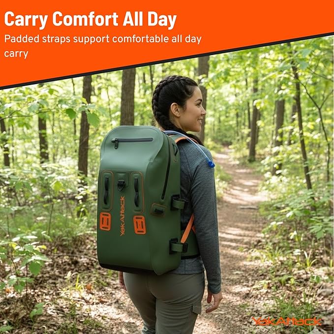 YakAttack 28L DryPak Waterproof Backpack - Green/Orange | Floating Marine Dry Bag Pack with Padded Straps for Kayaking, Fishing & Hiking | 10" x 22" x 12" | Lightweight Outdoor Gear & Storage Drybag