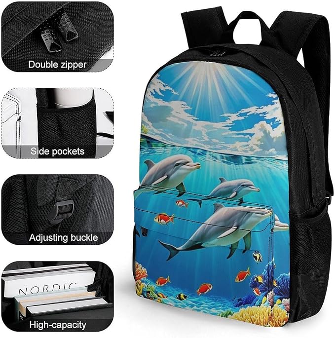 Polyester Daypack for Hiking Work Running, Big Capacity Anti-Theft Multipurpose Shoulder Bag, Dolphin Blue Ocean Underwater World Travel and Sport Backpack Rucksack