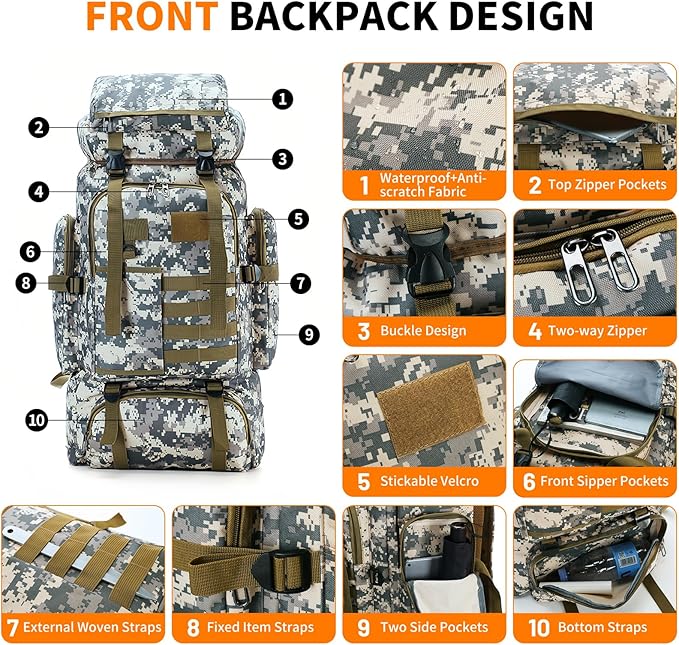 Hiking Backpack Tactical Backpack for Men Women, 80L Military Backpack Rucksack Waterproof Large Travel Camping Backpack for Men, Molle Rucksack Outdoor Travel Cycling Daypack (City Camo)