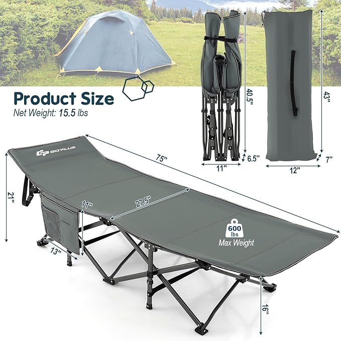 Goplus Folding Camping Cot, 27.5" Sleeping Cot for Adults with Carry Bag, 600LBS Weight Capacity, Slanted Head, Side Pocket, Heavy Duty Portable Camping Bed for Kids, Beach, Office Snap (Gray)
