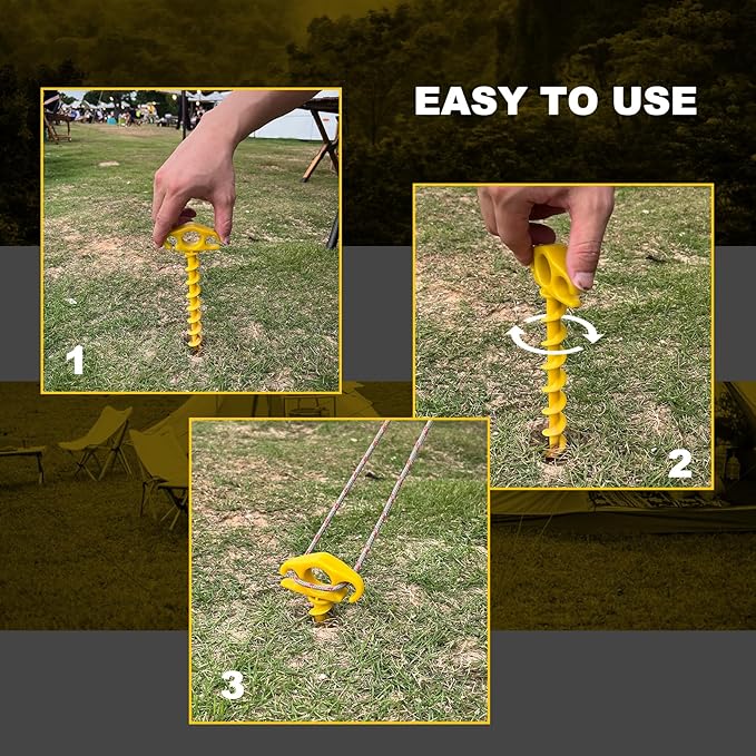 Tent Stakes Ground Anchors Screw in, 16 Pack Sand Stakes for Beach 9.4 Inch Heavy Duty Spiral Tent Pegs for Camping, Party, Hiking, Outdoor Decoration (16, Yellow)