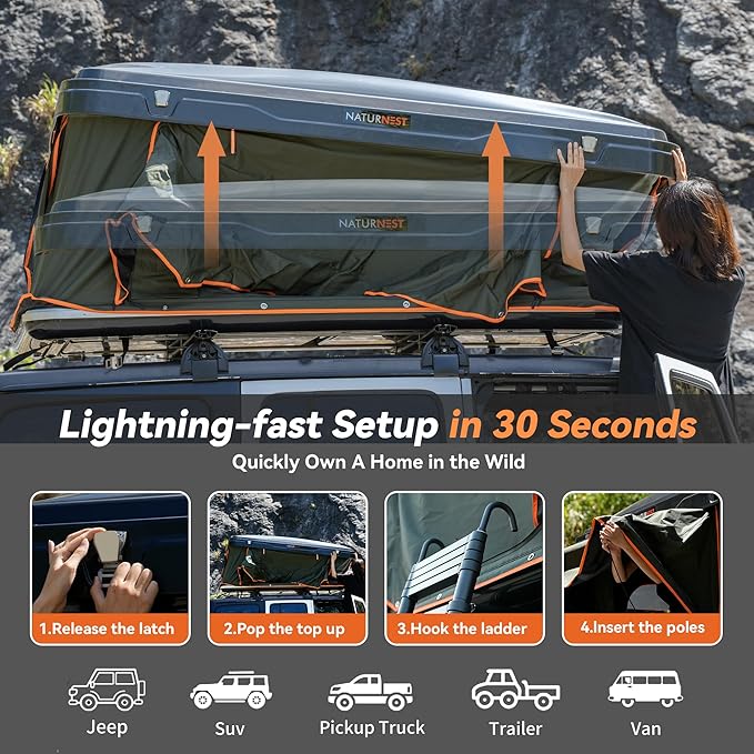 Naturnest Rooftop Tent Hard Shell, Waterproof Windproof UV-Resistant Blackout Privacy 4 Season Tent for Truck, Jeep, SUV, Van, Trailer
