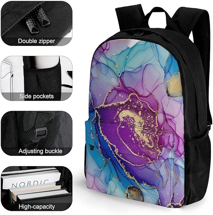 Polyester Daypack Backpack for Trekking Picnic Walking Cycling, Large Capacity Anti-Theft Multipurpose Shoulder Bag, Purple Gold Marble Casual Daypack