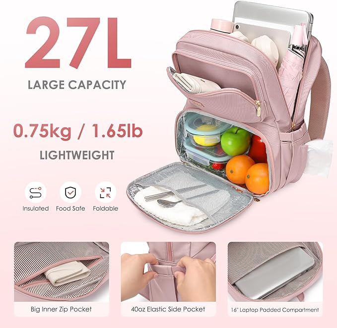 Lunch Backpack for Women Men, 16 Inch Laptop Backpack with Lunch Compartment, Water Resistant Lunchbox Back Pack Meal Prep Cooler Bags Insulated for Nurse Work Teacher Travel