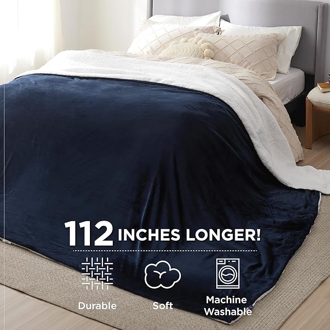 Bedsure GentleSoft Sherpa Fleece Oversized Cal King Blankets for Bed - Thick and Warm, Soft Fuzzy Plush Large Blanket for Winter, Navy, 112x98 Inches