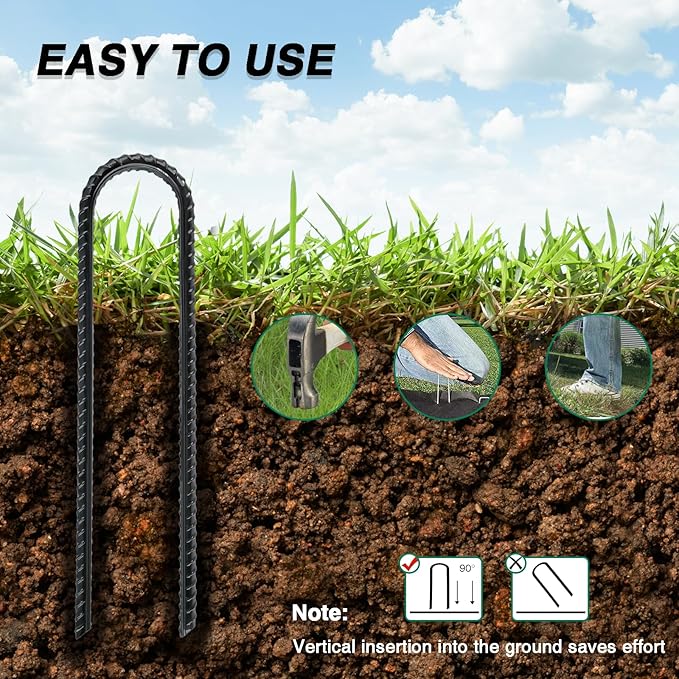 8 Inch Rebar Stakes Heavy Duty, 10 Pack Garden Stake U-Hook, Electrostatic Rust Proof Metal Stakes for Tent, Landscape,Outdoor Decorations, Fabric Ground Cover, Tube Fixing