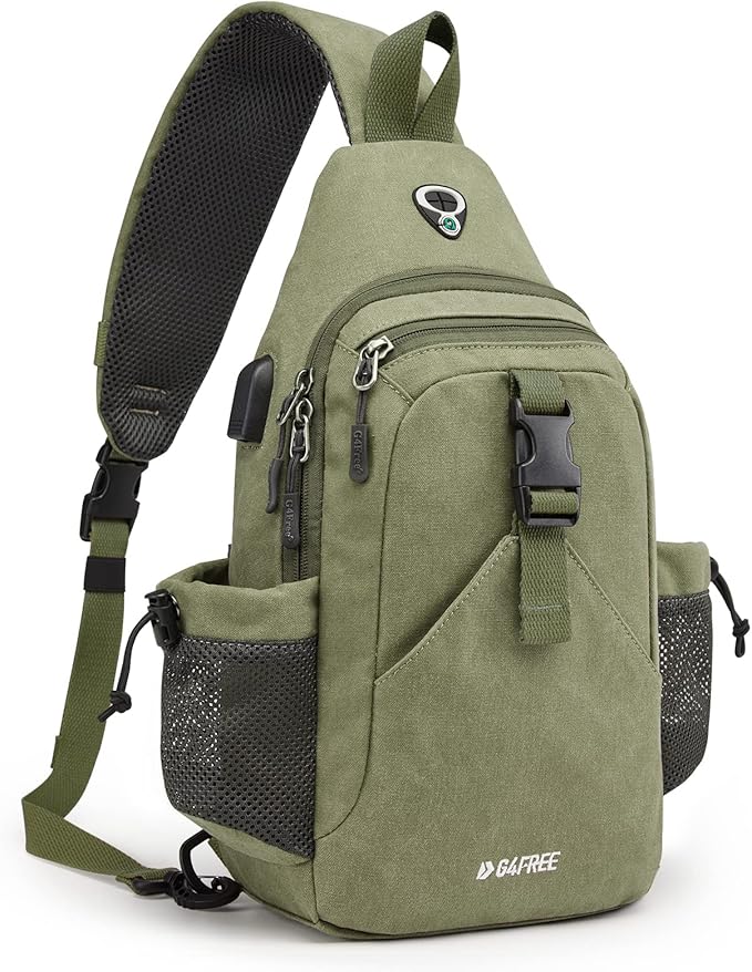 G4Free Canvas Sling Bag Crossbody Backpack with USB Charging Port & RFID Blocking, Hiking Daypack Chest Bag for Women Men