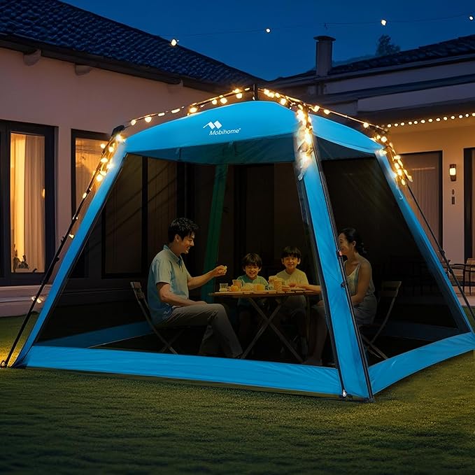 Pop Up Screen House Gazebo 8.2'x8.2'x75'', 4-6 Person Portable Screen Room with Sun & Insect Protection, Sturdy Frame Foldable Outdoor Canopy for Backyard, Camping, Park, Garden,Backyard-Blue