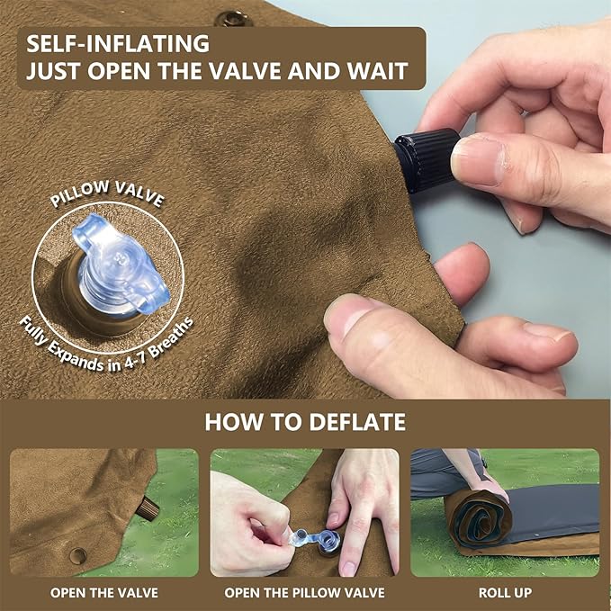 WILD FUN Double Sleeping Pad, 2in Camping Mattress 2 Person with Pillow, 5R Suede Insulated Self Inflating Camping Pad, Air Mattress Inflatable Sleeping Mat for Backpacking,Hiking(Khaki)