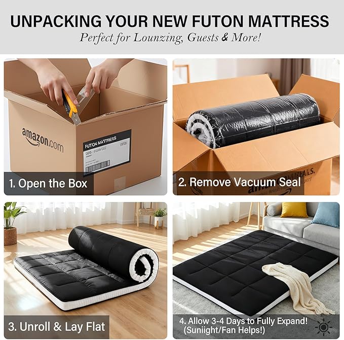 Tiita Queen Memory Foam Mattress Topper, 4" Thicken Futon Floor Mattress with Storage Bag and 2 Straps, Portable Roll Up Travel Car Camping Mattress Sleeping Pad, Black