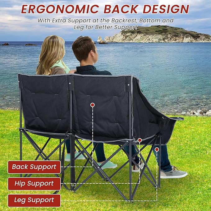 DoCred Heated Double Camping Chair, Heated Folding Camping Chairs Loveseat Outdoor Sports,Heating Oversized Loveseat Chairs for Adults,2 Person Camp Chair with 3 Heat Levels, Battery NOT Included