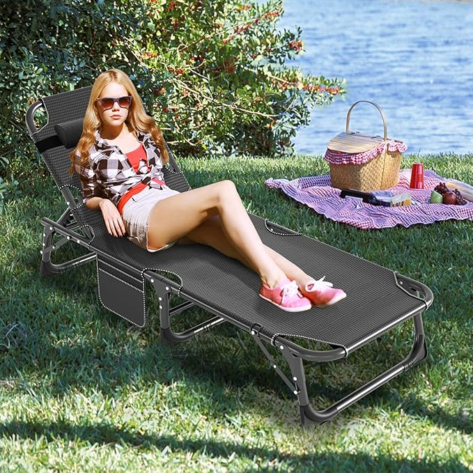 LILYPELLE Lounge Chair with Mattress, Heavy Duty Outside Lounge Chair Outdoor Portable Folding Lounge Chairs Sleeping Cots Bed for Camping, Pool, Beach, Patio