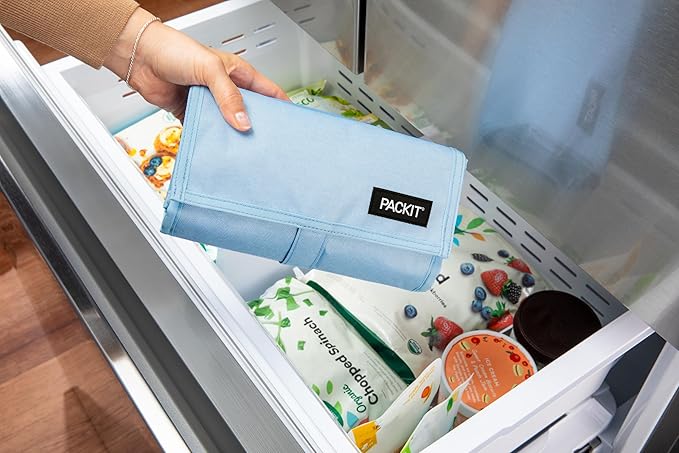 Packit® Freezable Lunch Bag, Sky Blue, Built with ECOFREEZE® Technology, Foldable, Reusable, Zip and Velcro Closure with Buckle Handle, Designed for Work Lunches and Fresh Lunch On the Go