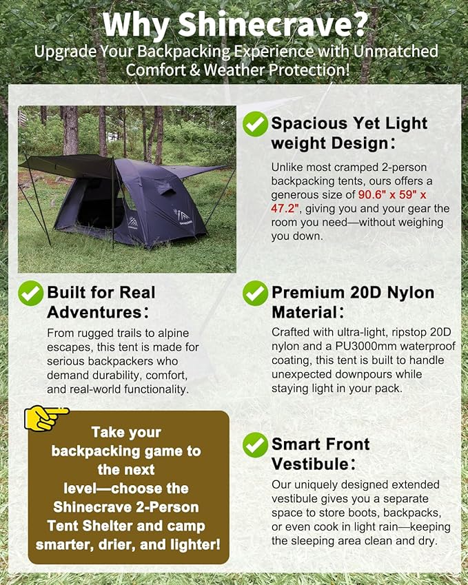 Camping Tent 2 Person,Ultra Large Capacity, 20D Nylon, Lightweight 3 Season Backpacking Tent 2 Person, PU3000mm, Free Standing, Ideal for Camping, Hiking, Glamping, Mountaineering