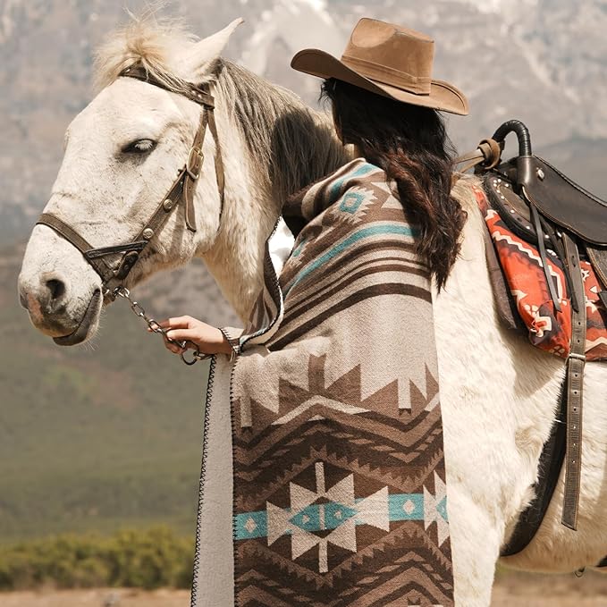 Aztec Throw Blanket with Soft Sherpa Lining, Traditional Southwestern Navajo Tribal Style Warm Throw for Camping, Outdoor, Cozy Boho Blanket for Couch, Sofa, Bed, 60"x80", Teddy Brown