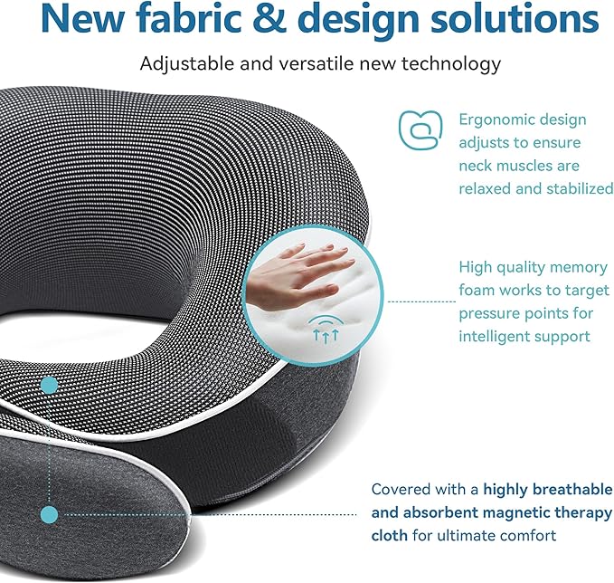Proglobe Travel Neck Pillow 100% Memory Foam – Airplane & Car Travel Essentials Kit with 3D Eye Mask, Earplugs & Mesh Bag – Sleeping Support Pillow for Adults (Dark Grey)
