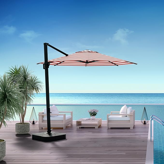 Midtown Umbrellas 10 Ft Outdoor Cantilever Patio Umbrella w/Terylast Red Stripes Fabric - Rotate Tilt 360° Offset Patio Umbrella, Deck Patio Umbrella, Backyard Umbrella & Garden Umbrella - Black Frame
