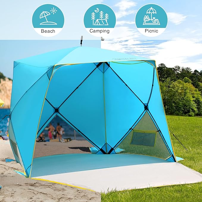 Old Bahama Bay Pop Up Beach Tent, Portable Shade Sun Shelter UPF50+ UV Protection for 4 Person Extendable Floor for Fishing Hiking Camping, Waterproof Windproof(Blue)