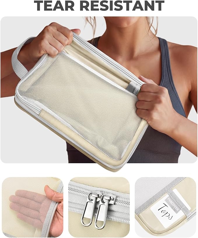 Percover Compression Packing Cubes 4-Piece Set, Packing Cubes Compression for Travel with Label Pockets, Travel Organizer for Carry On & Checked Luggage, Beige