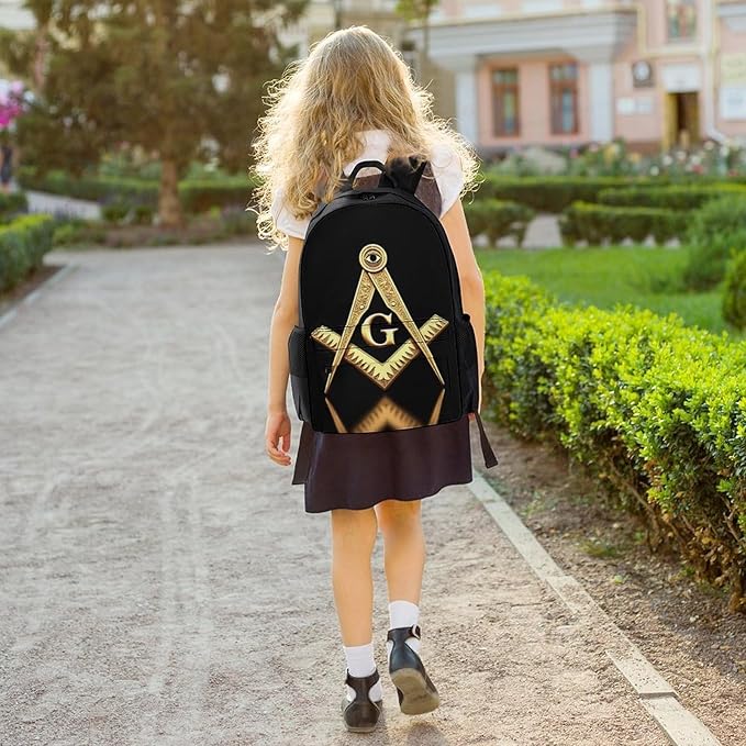 Polyester Daypack Backpack for Sports Travel Running, Big Capacity Anti-Theft Multipurpose Carry On Bag, Gold Freemason Freemasonry Masonic Laptop Book Bag Rucksack