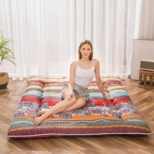MAXYOYO Bohemian Retro Floor Mattress Vintage Floral Japanese Futon Mattress Roll Up Thicken Sleeping Bed Portable Camping Mattress Floor Lounger Couch Bed Mattress Pad, Full Size