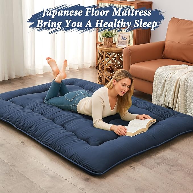 DAICO Japanese Floor Mattress, 4'' Thicken Futon Mattress Tatami Mat, Sleeping Pad Foldable Roll Up Mat for Camping and Guest Room, Full Size 54''*80'', Navy